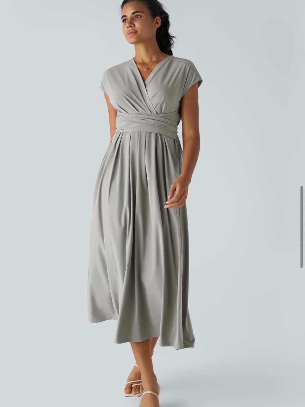 Sage Wrap-Style Midi Dress with Waistband